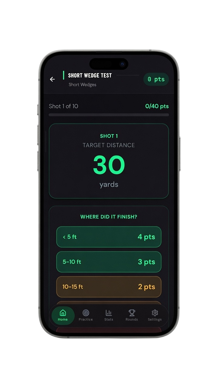 Short Wedge Test challenge in the Scoring Zone app — ten wedge shots scored by proximity